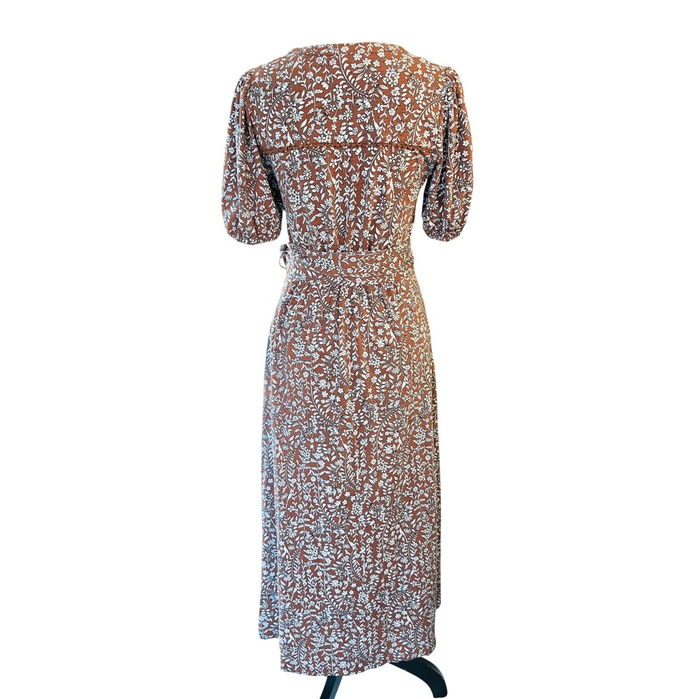 Boden Brown Floral Cotton Tencel Maxi Dress Puff Sleeve Tie Waist Size 4 - Picture 5 of 11